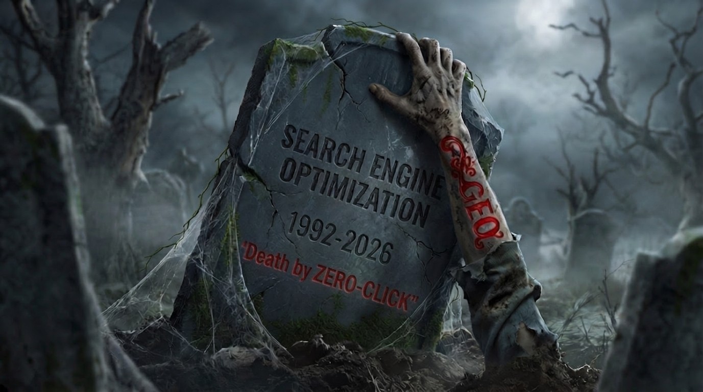 A weathered tombstone reading 'Search Engine Optimization 1992 - 2026, Death by Zero-Click', with a hand bearing a GEO tattoo emerging from the grave.