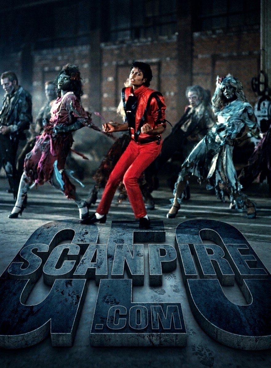 A red-jacketed dancer mid-pose surrounded by zombies, atop a 3D 'SCANPIRE.COM' monument.