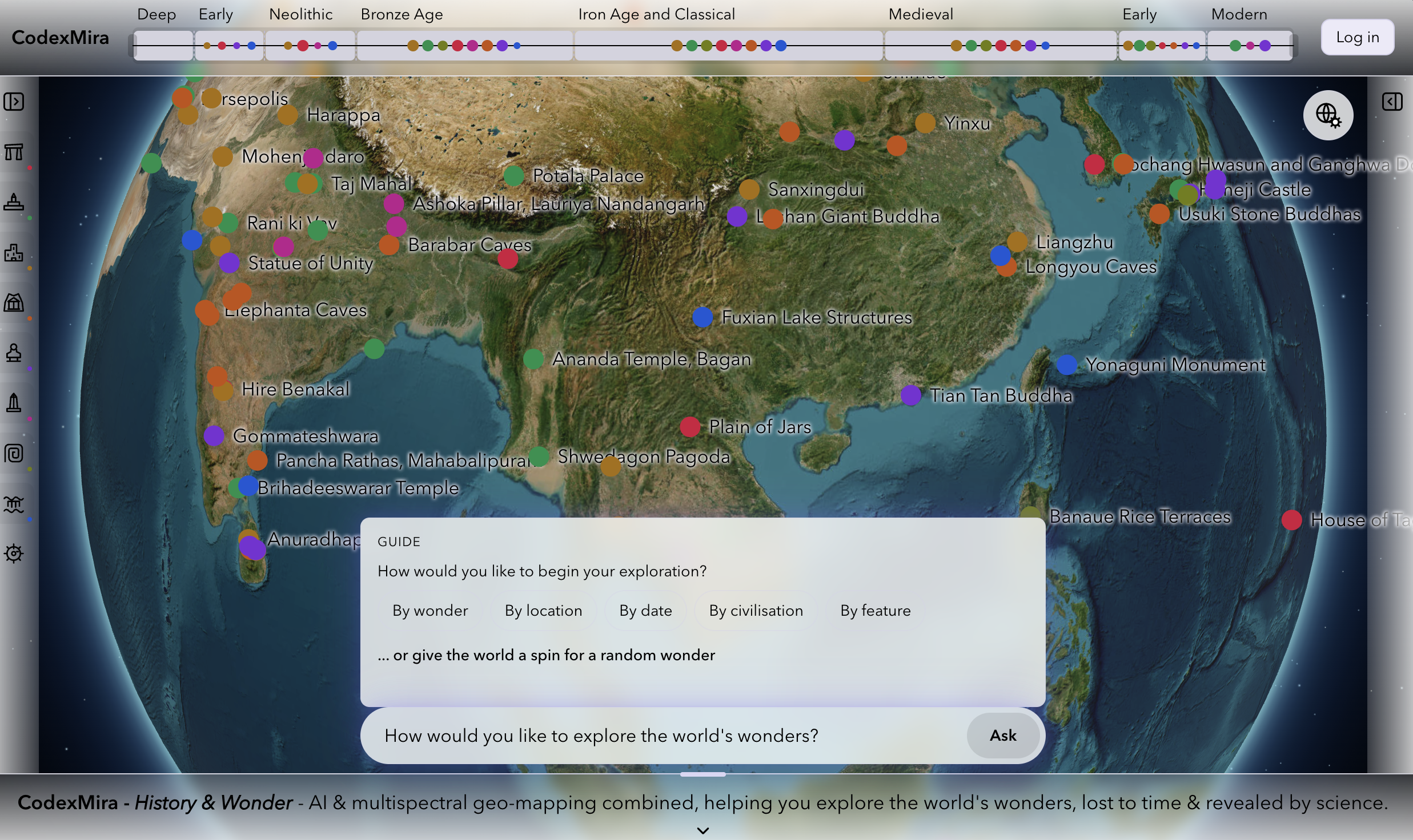 CodexMira globe interface showing historical sites and its exploration guide