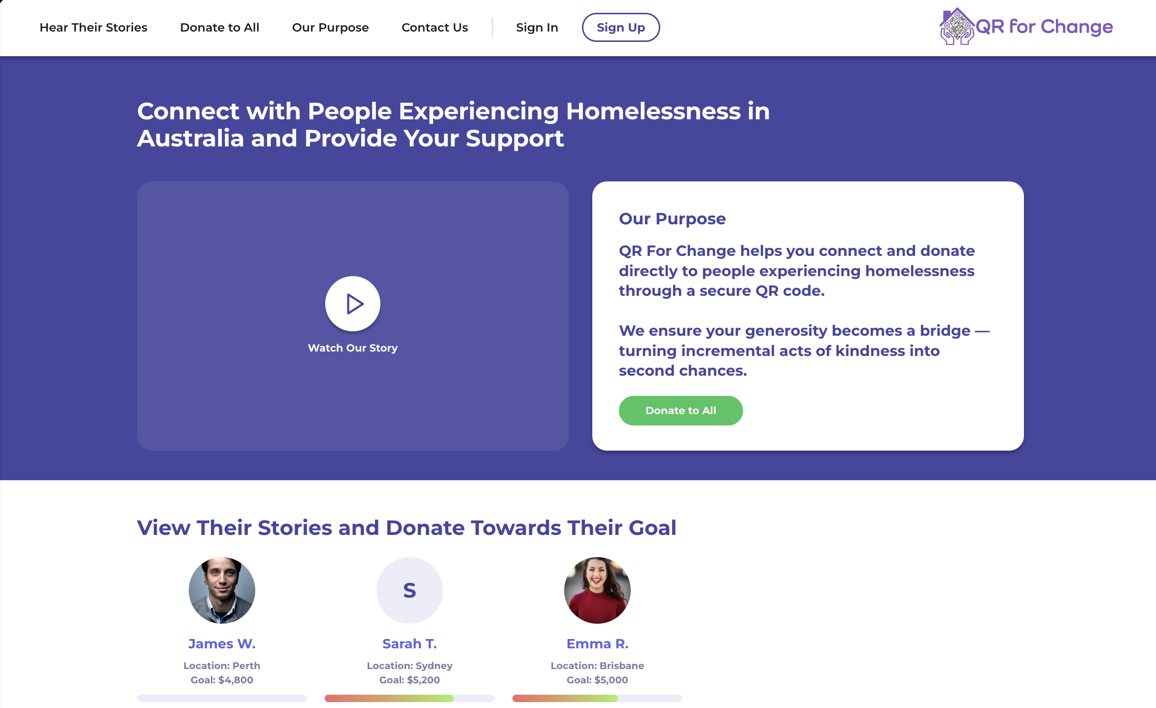 QR For Change website introducing its purpose and recipient stories